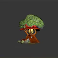 Cartoon Scene Featuring Red Roof Tree House Green Leaves Mushrooms And Stone Path