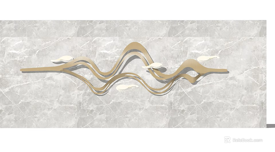 Feature Wall With Golden Wave Shaped Decorations And Fish Elements On Marble Background 3d model 