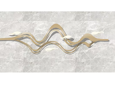 Feature Wall With Golden Wave Shaped Decorations And Fish Elements On Marble Background 3d model
