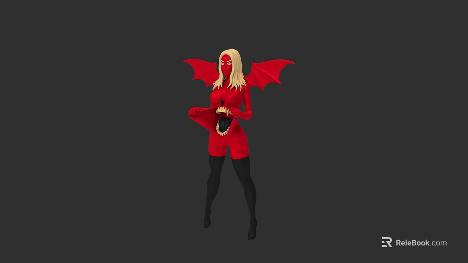 Blonde Woman In Red Costume With Red Bat Wings Fantasy Character Design 3d model 