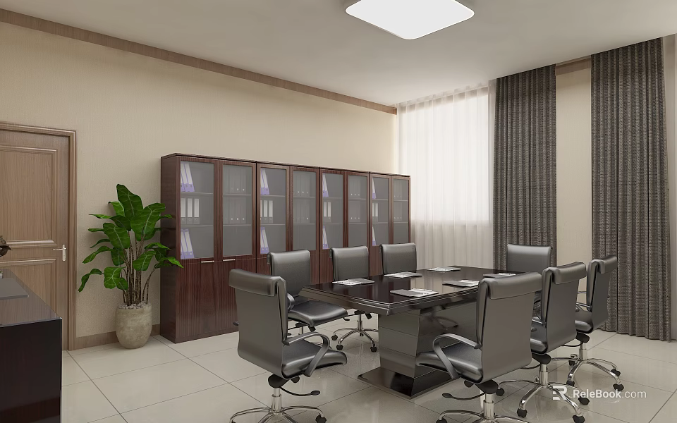 Modern Conference Room Interior With Conference Table Ergonomic Chairs Glass Door Bookcase And Potted Plant 3d model 
