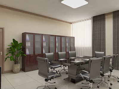 Modern Conference Room Interior With Conference Table Ergonomic Chairs Glass Door Bookcase And Potted Plant 3d model