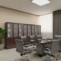 Modern Conference Room Interior With Conference Table Ergonomic Chairs Glass Door Bookcase And Potted Plant