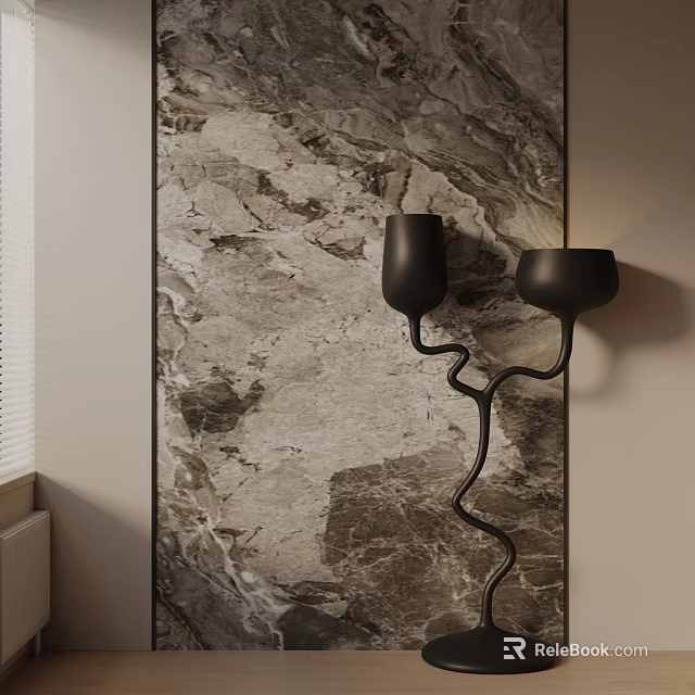 Artistic Black Floor Lamp With Curved Design Against Marble Wall In Modern Living Room 3d model 