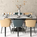 Modern Dining Table Set With Beige Blue Chairs Vase And Tableware On Gray Wall 3d model