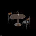 Minimalist Wooden Round Dining Table With Metal Base Two Chairs And Vase With Dried Flowers
