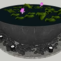 Garden Ornament Circular Stone Bowl With Water Lily Pads Purple Flowers And Black Pebbles