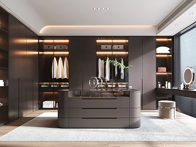 Modern Walk-in Closet Interior Design With Dark Wood Cabinets Hanging Clothes And Central Vanity Mirror 3d model