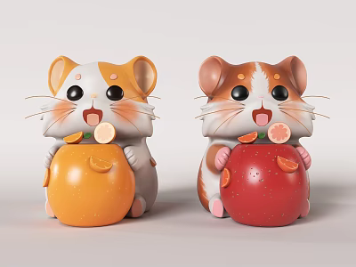 Cute Cartoon Hamster Ornament Set With Orange And Red Fruit Figurines For Decoration 3d model