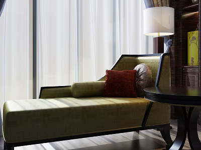 Green Upholstered Chaise Lounge In Modern Living Room With Side Table And Floor Lamp 3d model