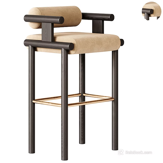 Modern Bar Stool With Black Frame Beige Upholstered Seat And Gold Accent Trim 3d model 