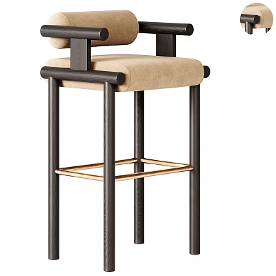 Modern Bar Stool With Black Frame Beige Upholstered Seat And Gold Accent Trim 3d model