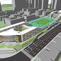 Modern School Building Open Multi Story Structure With Basketball Court Green Lawn And Students Activities