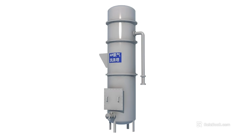 Industrial Equipment with Cylindrical Tower Structure and Side Pipes on Support Base featuring Blue Label 3d model 