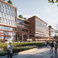 Modern Office Building With Glass Facade In Urban Area Featuring Pedestrians And Vehicles