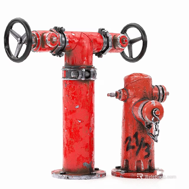 Red Garden Decor Watering Valve Columns With Black Wheels And Markings 3d model 