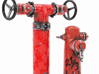 Red Garden Decor Watering Valve Columns With Black Wheels And Markings 3d model