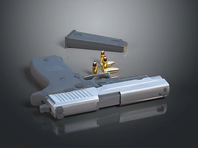 Silver Pistol With Black Grip Magazine And Bullets On Dark Reflection Surface 3d model