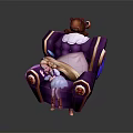 Sleeping Girl With Long Hair On Purple Sofa And Teddy Bear Toy