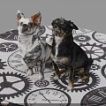 Two Small White And Black Dogs Sitting On Tablecloth With Gear And Clock Patterns 3d model