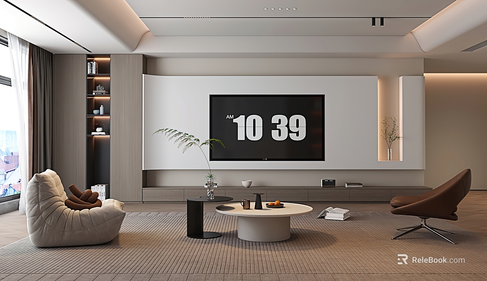 Modern Living Room Interior Design With TV Wall Sofa Coffee Table And Green Plant 3d model 