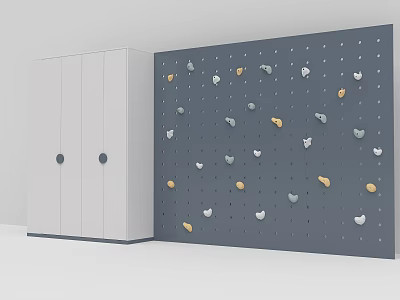 Indoor Sports Equipment Climbing Wall With Colorful Holds And Storage Cabinets 3d model