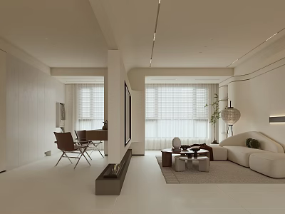 Modern Minimalist Open Concept Living Dining Room With All White Interior Sofa And Dining Table 3d model