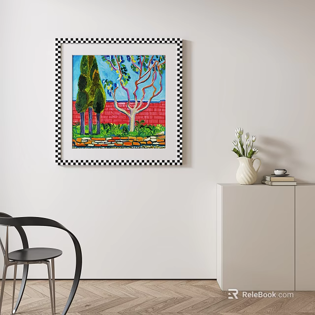 Vibrant Abstract Painting with Trees Red Background and Checkerboard Pattern 3d model