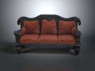 Multi Person Vintage Sofa With Red Fabric Seat Cushions And Wooden Frame 3d model