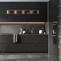 Modern Black Kitchen Interior With Open Concept Island Counter And Appliances