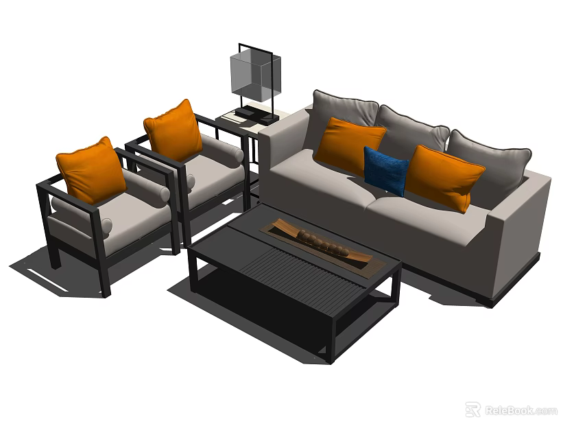 Modern Gray Sofa Coffee Table Set With Orange Blue Pillows Armchairs Side Table Lamp 3d model