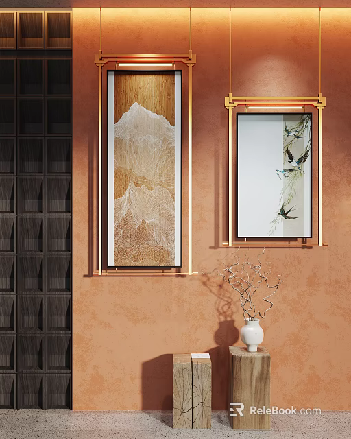 Abstract Paintings With Golden Frames On Orange Wall Featuring Abstract Mountain Texture 3d model