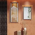 Abstract Paintings With Golden Frames On Orange Wall Featuring Abstract Mountain Texture 3d model