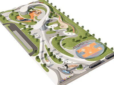 Urban Park Landscape Design With Green Lawns Curved Pathways And Basketball Court 3d model
