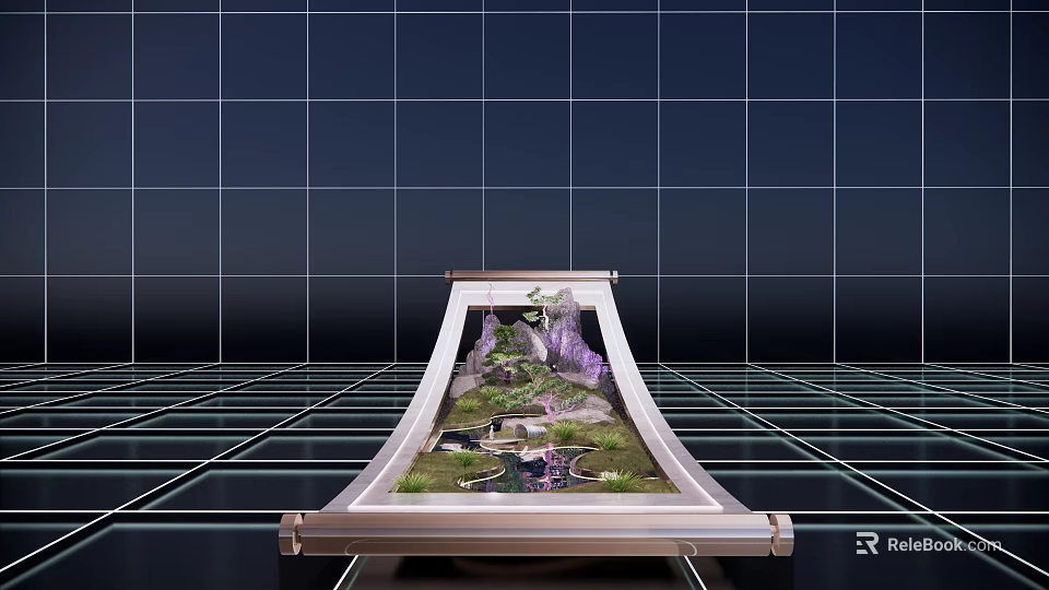 Art Installation Slanted Frame With Miniature Landscape Green Plants Purple Flowers Pond Dark Grid Background 3d model 
