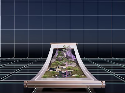 Art Installation Slanted Frame With Miniature Landscape Green Plants Purple Flowers Pond Dark Grid Background 3d model