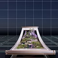 Art Installation Slanted Frame With Miniature Landscape Green Plants Purple Flowers Pond Dark Grid Background