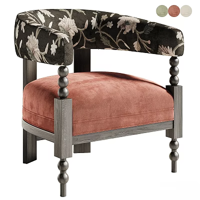Elegant Lounge Chair With Black Floral Patterned Armrests Pink Velvet Seat And Wooden Ball Detail Legs 3d model