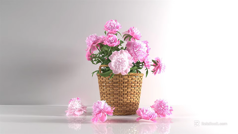 Pink Flowers In Wicker Basket With Scattered Blooms On Light Tabletop 3d model 