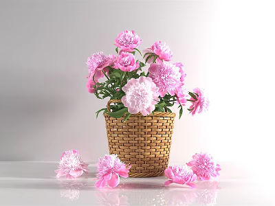 Pink Flowers In Wicker Basket With Scattered Blooms On Light Tabletop 3d model