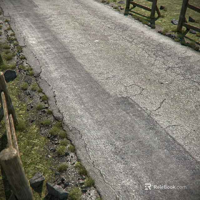 Road Infrastructure Cracked Asphalt Pavement With Grass Verge And Wooden Fence 3d model 