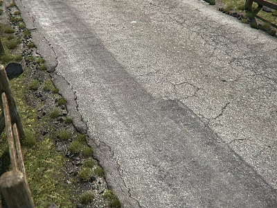 Road Infrastructure Cracked Asphalt Pavement With Grass Verge And Wooden Fence 3d model