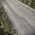 Road Infrastructure Cracked Asphalt Pavement With Grass Verge And Wooden Fence