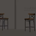 Two Bar Stools With Wooden Backrest And Black Metal Legs In Surreal Focus