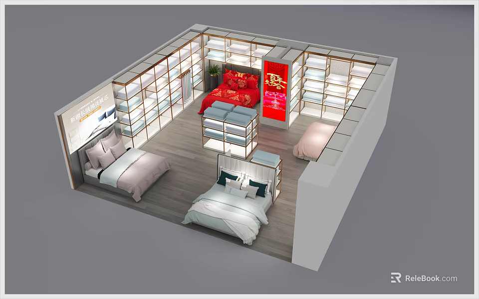 Mall Retail Counter Featuring Bedroom Furniture With Beds Display Shelves And Red Decor Lighting 3d model 