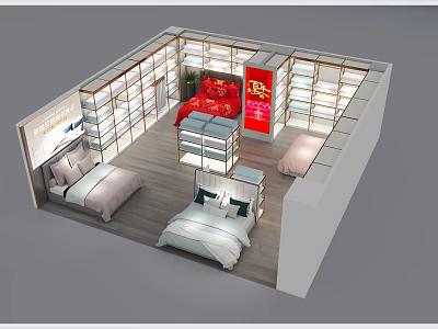 Mall Retail Counter Featuring Bedroom Furniture With Beds Display Shelves And Red Decor Lighting 3d model