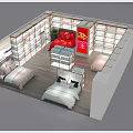 Mall Retail Counter Featuring Bedroom Furniture With Beds Display Shelves And Red Decor Lighting