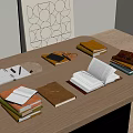 Multiple Open And Stacked Leather Cover Notebooks On Wooden Table 3d model