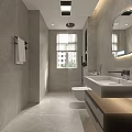 Modern Bathroom Interior With Marble Walls Round Mirror Vanity And Wall Mounted Toilet