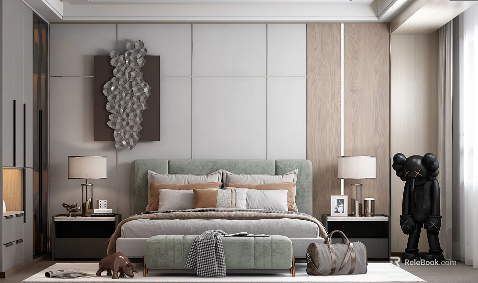Modern Bedroom Interior With Light Green Headboard Pillows Nightstands Lamps And Textured Wall Art 3d model 